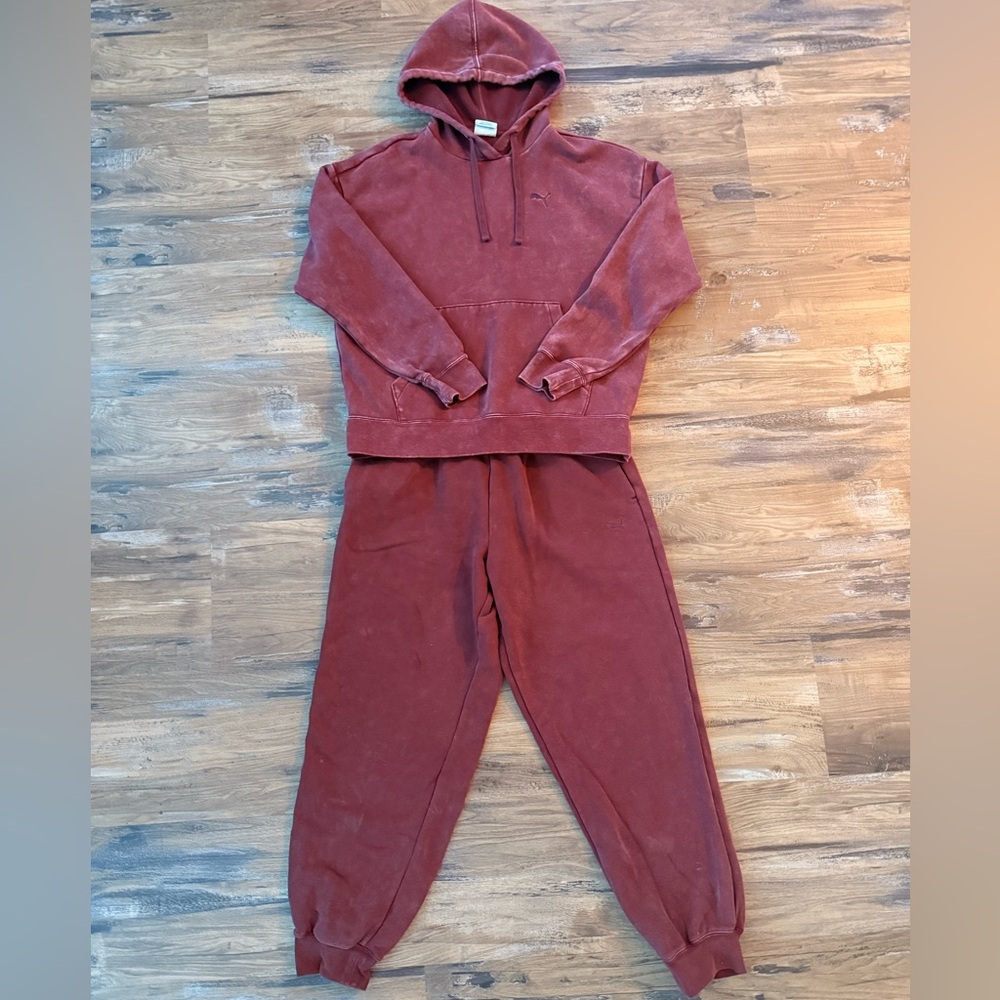 PUMA Acid Washed Burgundy Hoodie and Sweatpants Set